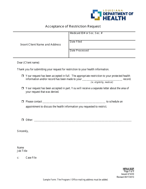 Form 503P Acceptance of Restriction Request - Louisiana