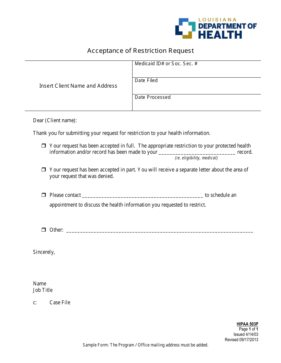 Form 503P Acceptance of Restriction Request - Louisiana, Page 1