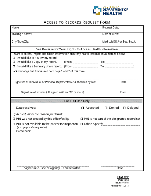 Form 201P Access to Records Request Form - Louisiana
