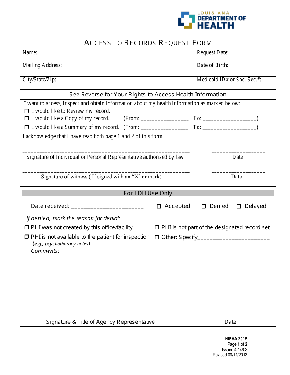 Form 201P Access to Records Request Form - Louisiana, Page 1