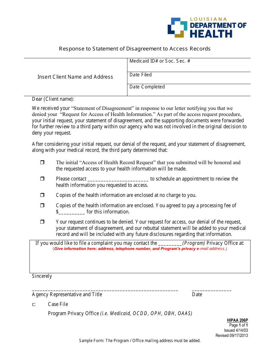 Form 206P Response to Statement of Disagreement to Access Records - Louisiana, Page 1