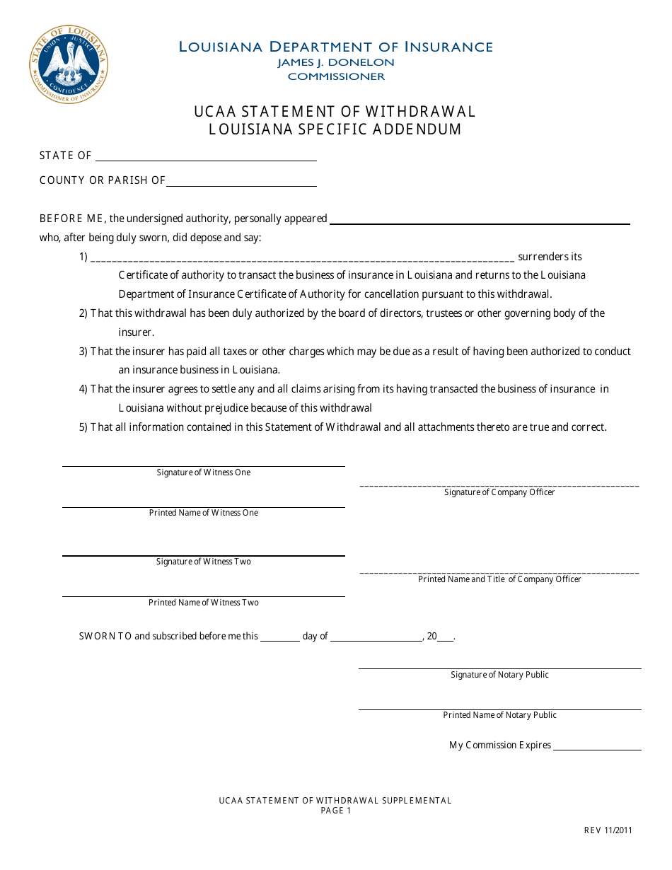 Ucaa Statement of Withdrawal Louisiana Specific Addendum Form - Louisiana, Page 1
