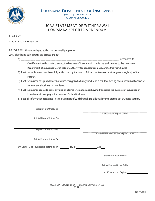 Ucaa Statement of Withdrawal Louisiana Specific Addendum Form - Louisiana Download Pdf