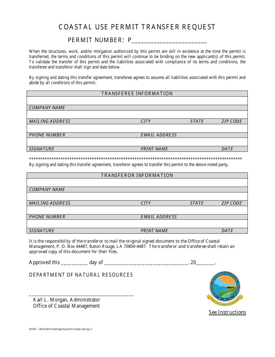Coastal Use Permit Transfer Request - Louisiana, Page 1