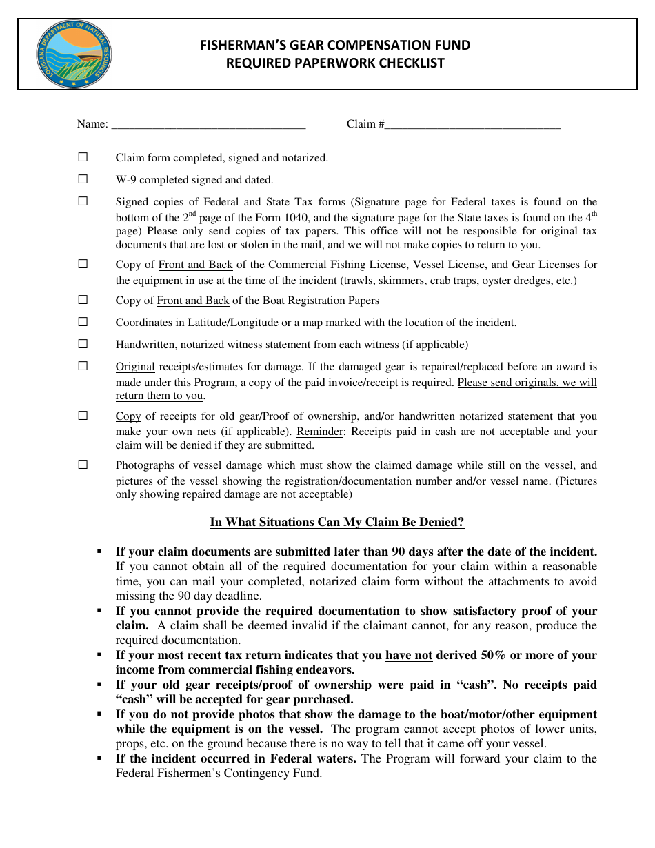 Fishermans Gear Compensation Fund Required Paperwork Checklist - Louisiana, Page 1