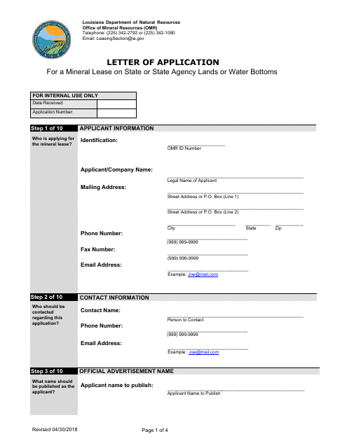 Letter of Application for a Mineral Lease on State or State Agency Lands or Water Bottoms - Louisiana Download Pdf