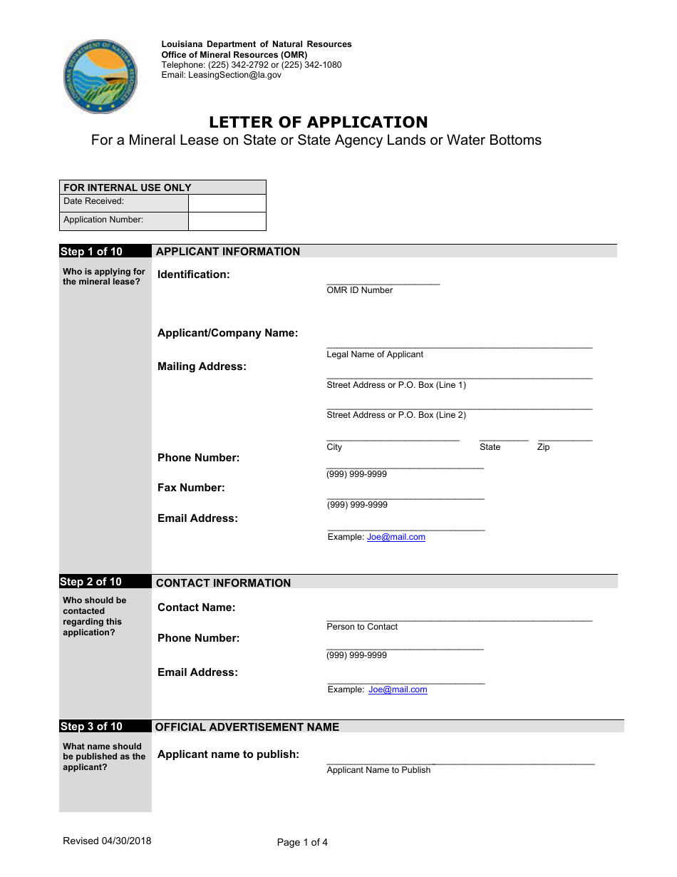Letter of Application for a Mineral Lease on State or State Agency Lands or Water Bottoms - Louisiana, Page 1