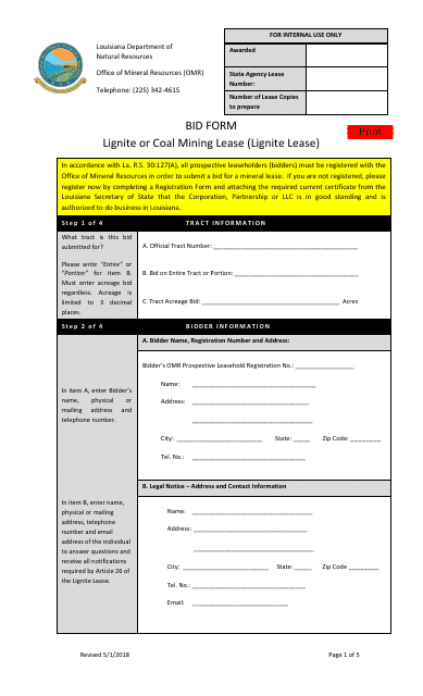 Bid Form for Lignite or Coal Mining Lease (Lignite Lease) - Louisiana Download Pdf