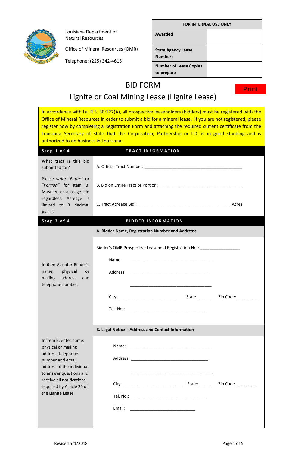 Bid Form for Lignite or Coal Mining Lease (Lignite Lease) - Louisiana, Page 1