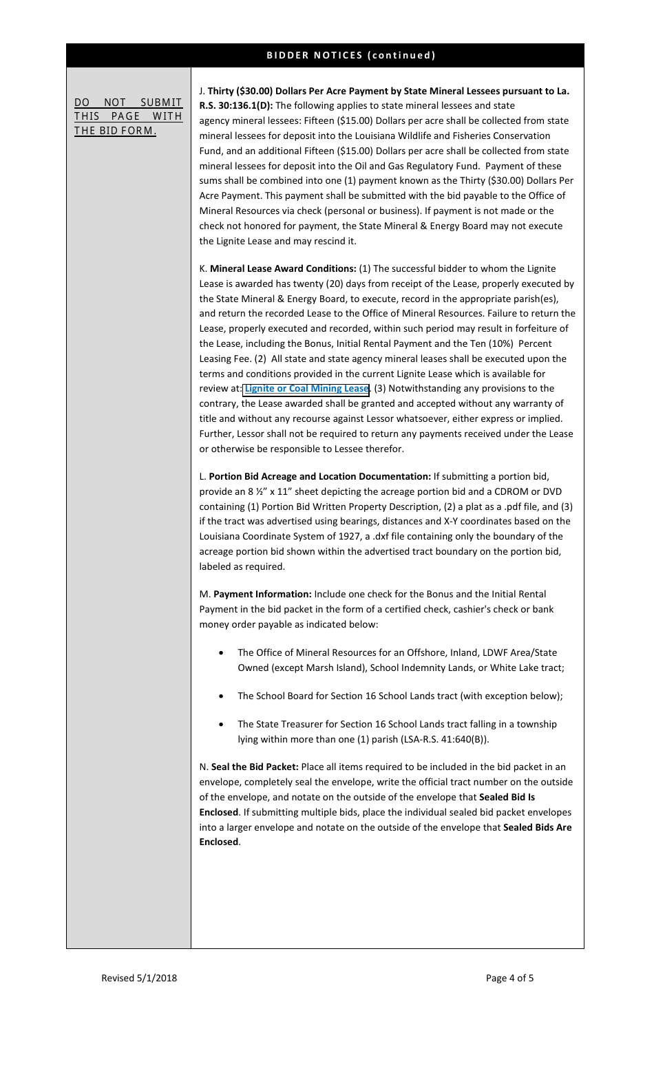 Bid Form for Lignite or Coal Mining Lease (Lignite Lease) - Louisiana, Page 4