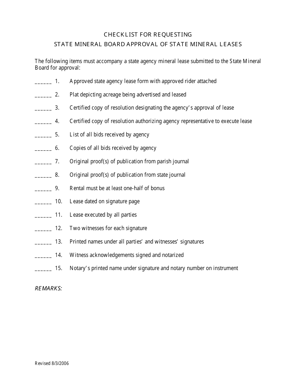 Checklist for Requesting State Mineral Board Approval of State Mineral Leases - Louisiana, Page 1
