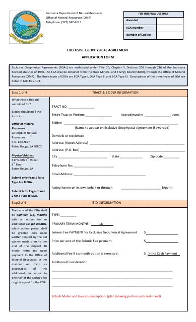 Exclusive Geophysical Agreement Application Form - Louisiana Download Pdf