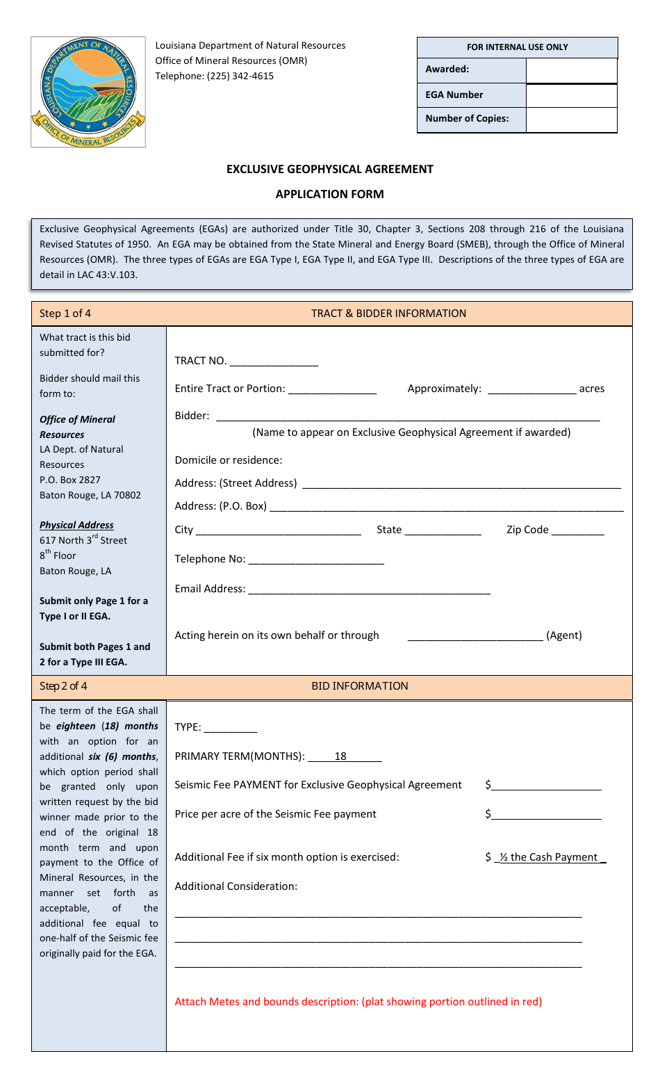 Exclusive Geophysical Agreement Application Form - Louisiana, Page 1