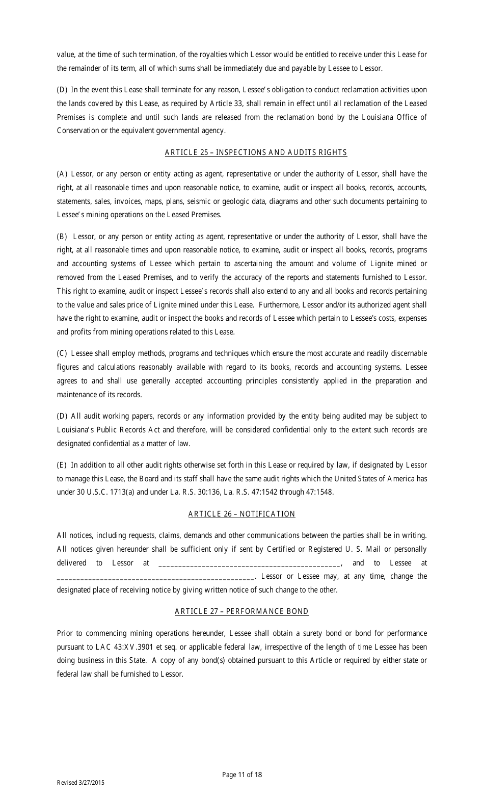 Lignite or Coal Mining Lease Form - Louisiana, Page 11