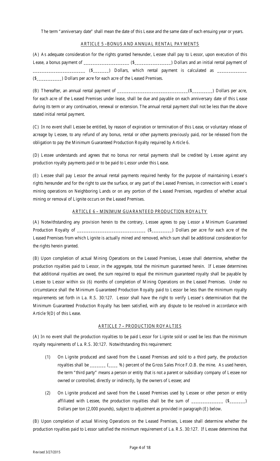 Lignite or Coal Mining Lease Form - Louisiana, Page 4