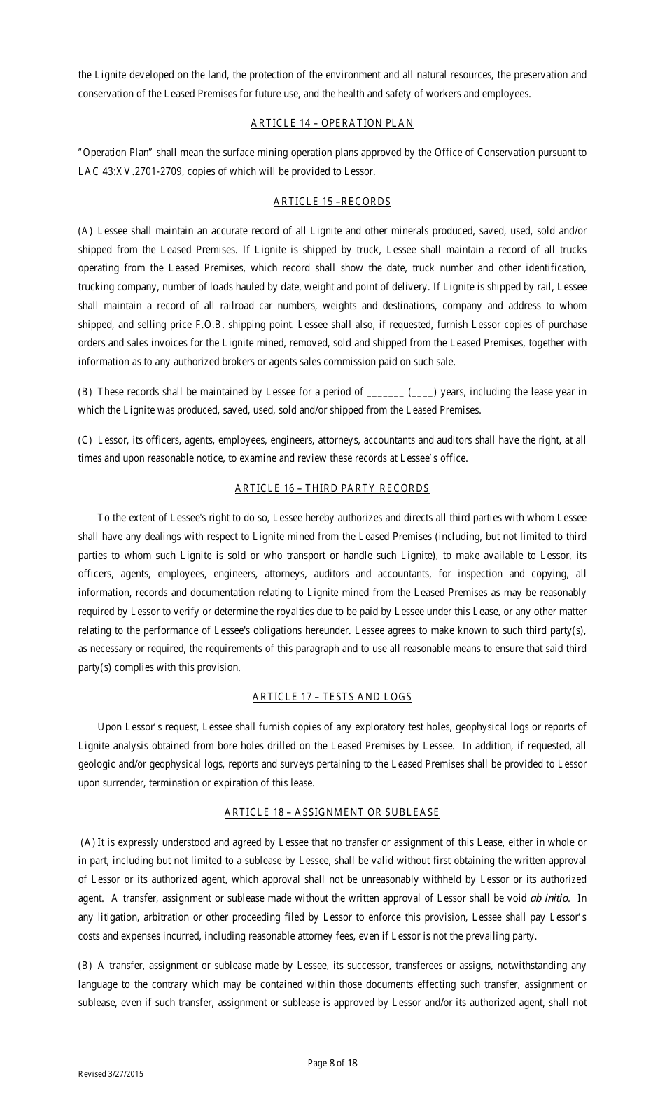 Lignite or Coal Mining Lease Form - Louisiana, Page 8