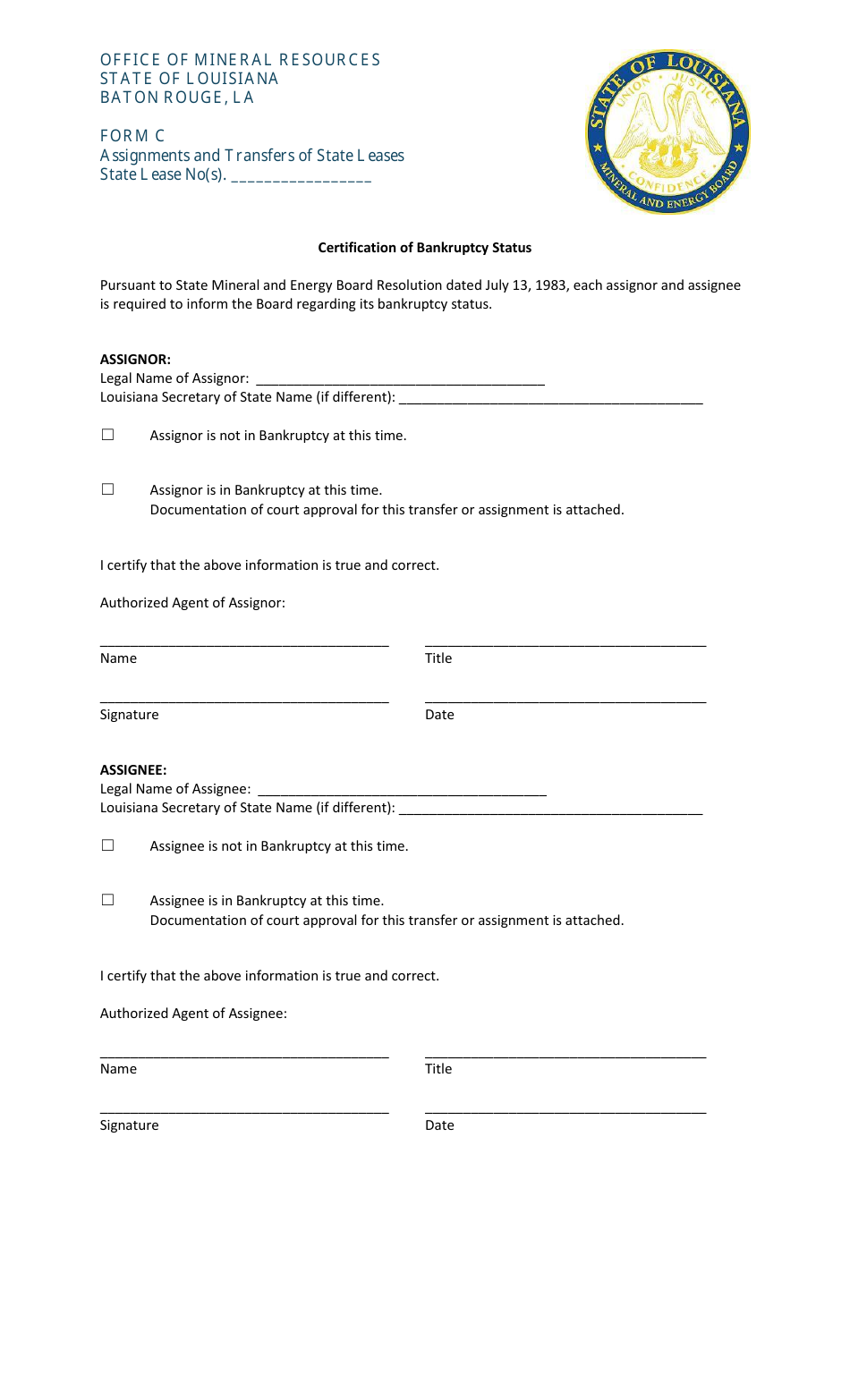 Form C Certification of Bankruptcy Status - Louisiana, Page 1