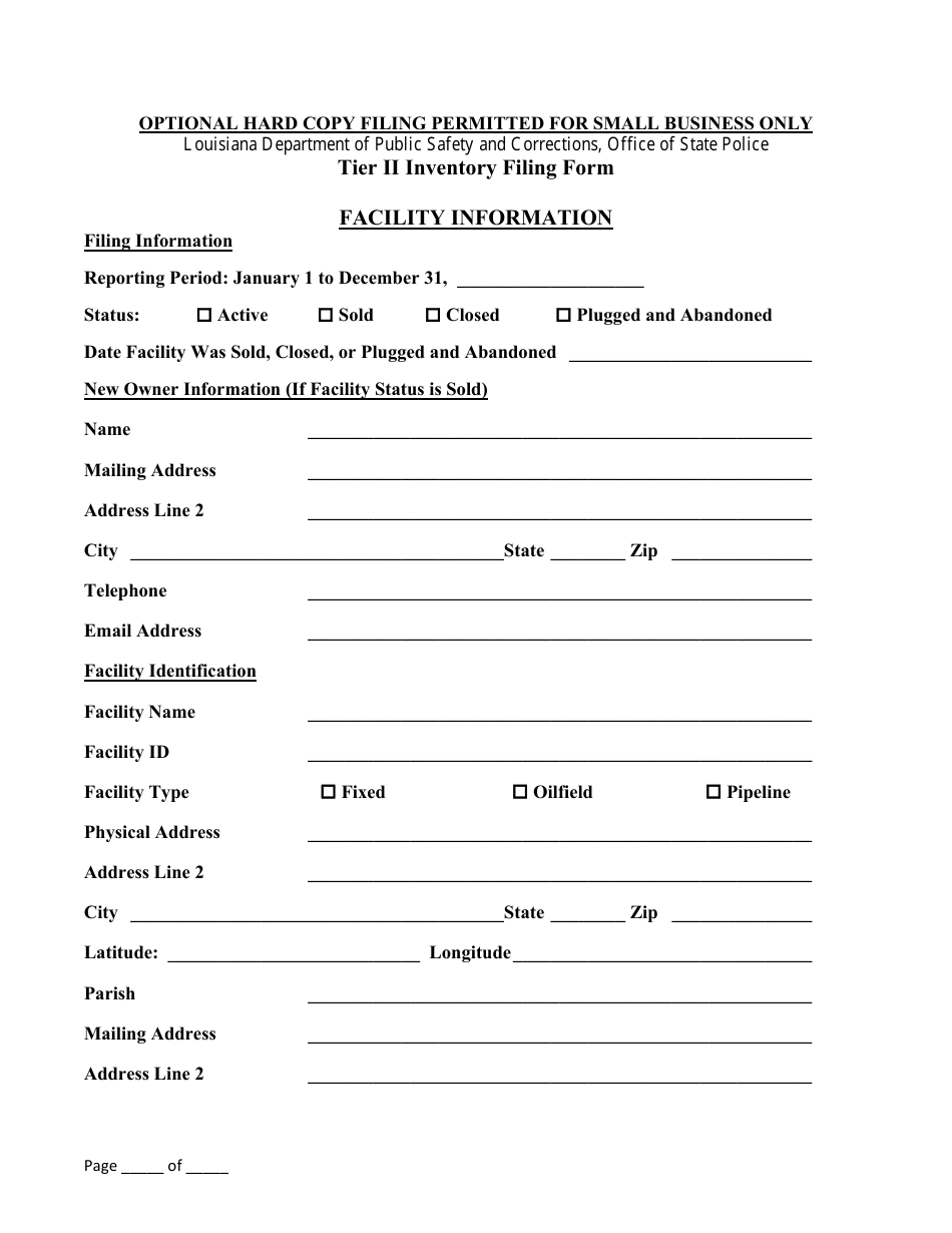 Tier II Inventory Filing Form - Louisiana, Page 1
