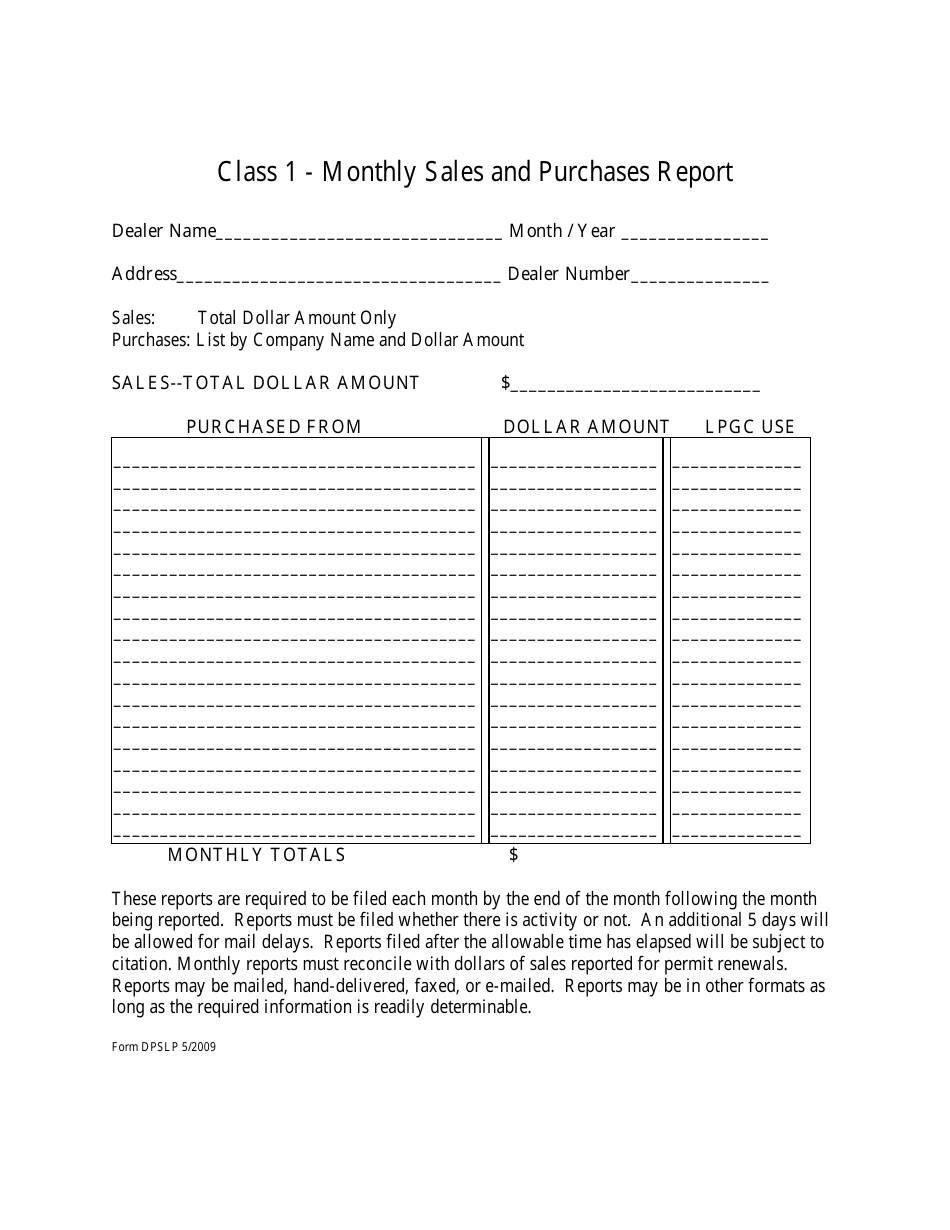 Form DPSLP Class 1 - Monthly Sales and Purchases Report - Louisiana, Page 1