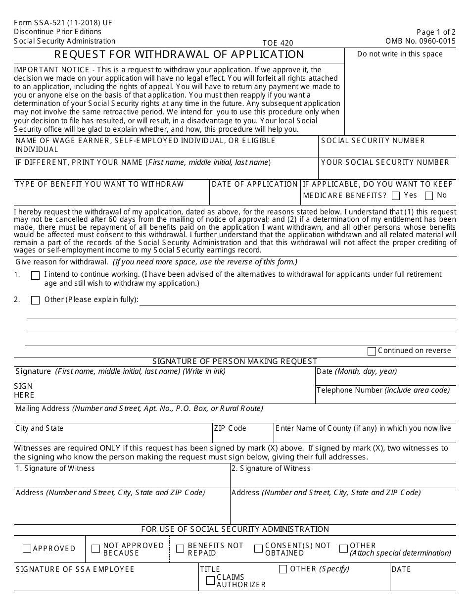 Form SSA-521 Request for Withdrawal of Application, Page 1