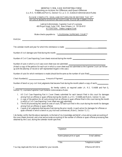 Monthly Civil Case Reporting Form Reporting on Actions for Offenses and Quasi-Offenses - Louisiana Download Pdf