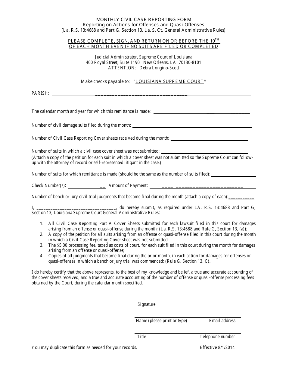 Monthly Civil Case Reporting Form Reporting on Actions for Offenses and Quasi-Offenses - Louisiana, Page 1