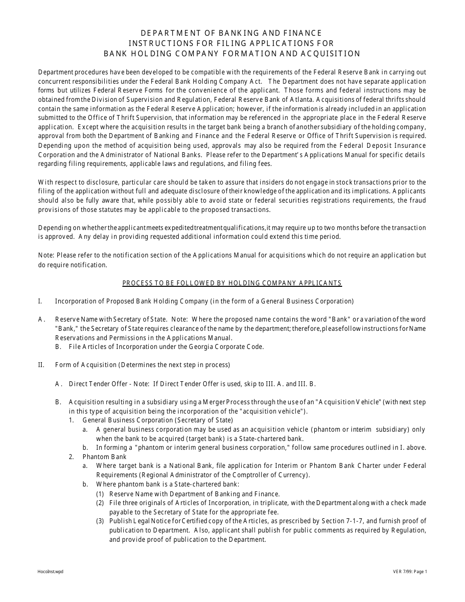 Instructions for Applications for Bank Holding Company Formation and Acquisition - Georgia (United States), Page 1