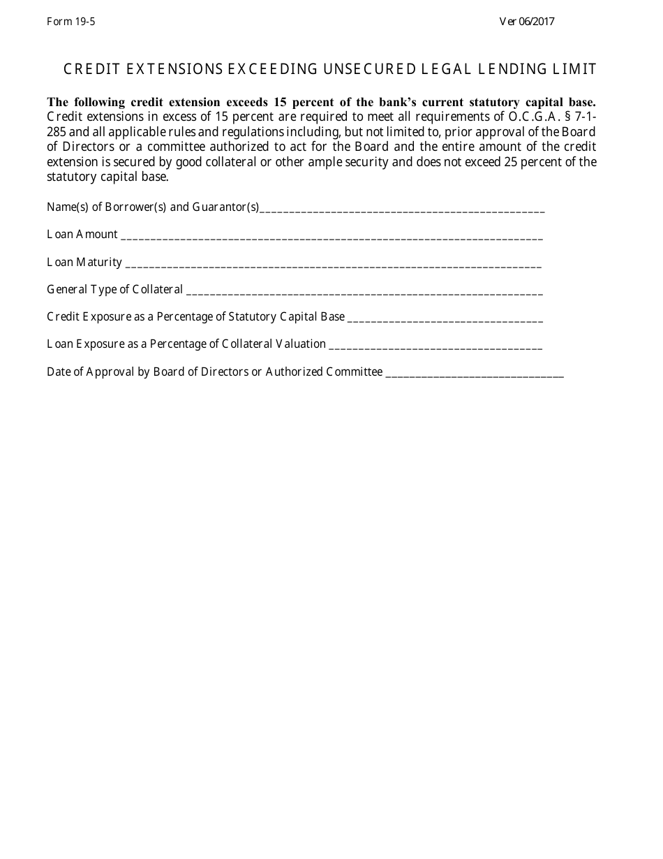 Form 19-5 Credit Extensions Exceeding Unsecured Legal Lending Limit - Georgia (United States), Page 1