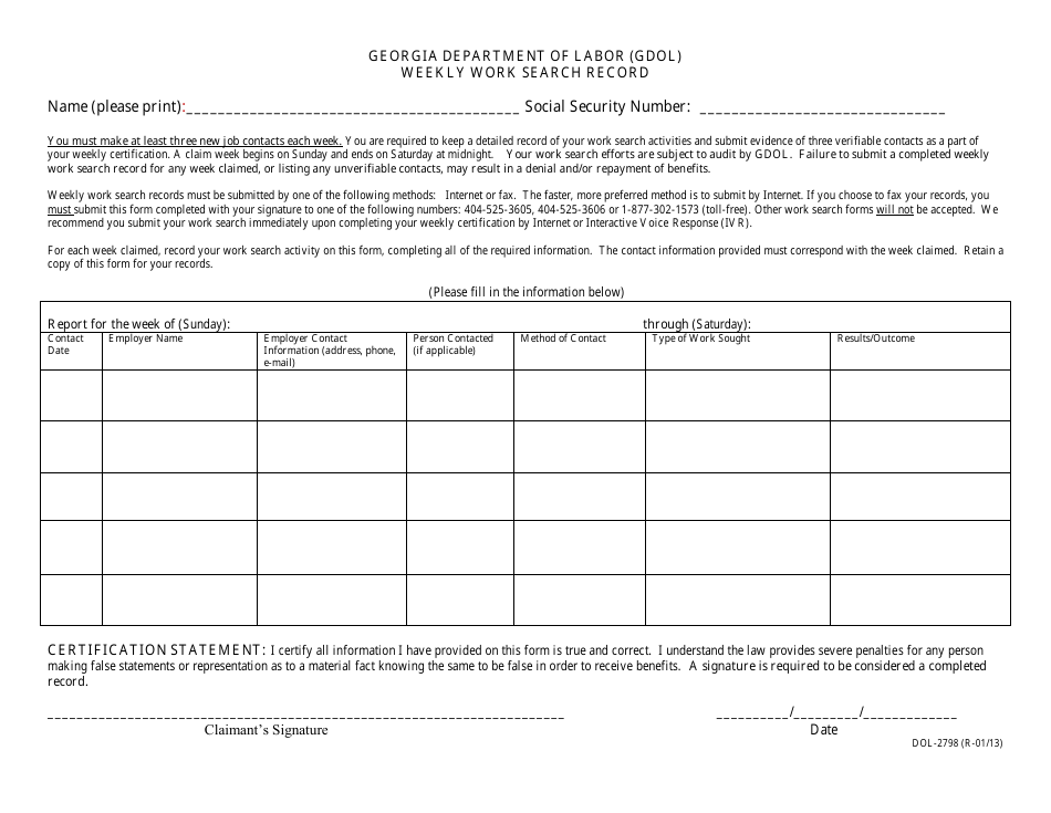 Form DOL-2798 Weekly Work Search Record - Georgia (United States), Page 1