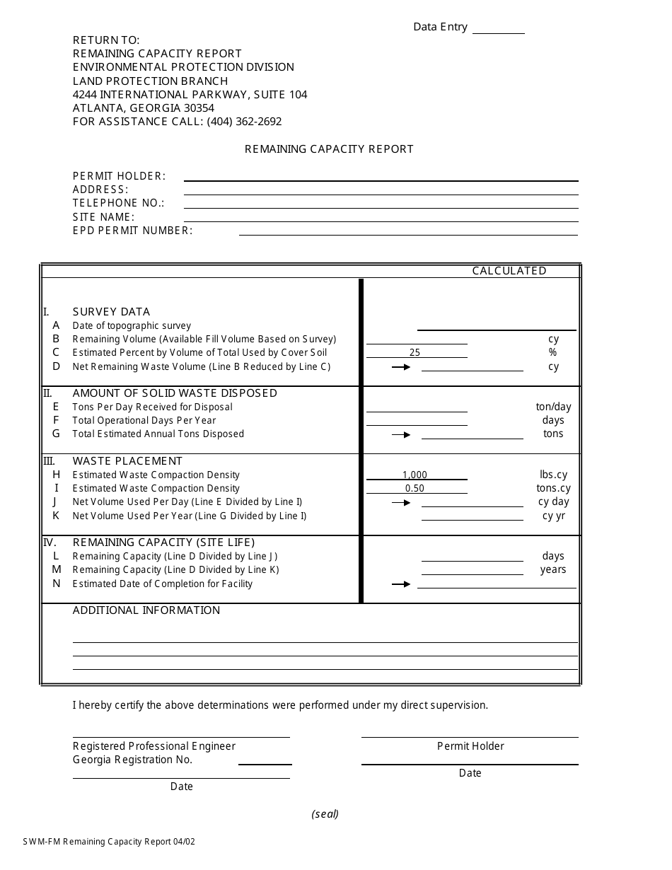 Form SWM-FM Remaining Capacity Report - Georgia (United States), Page 1