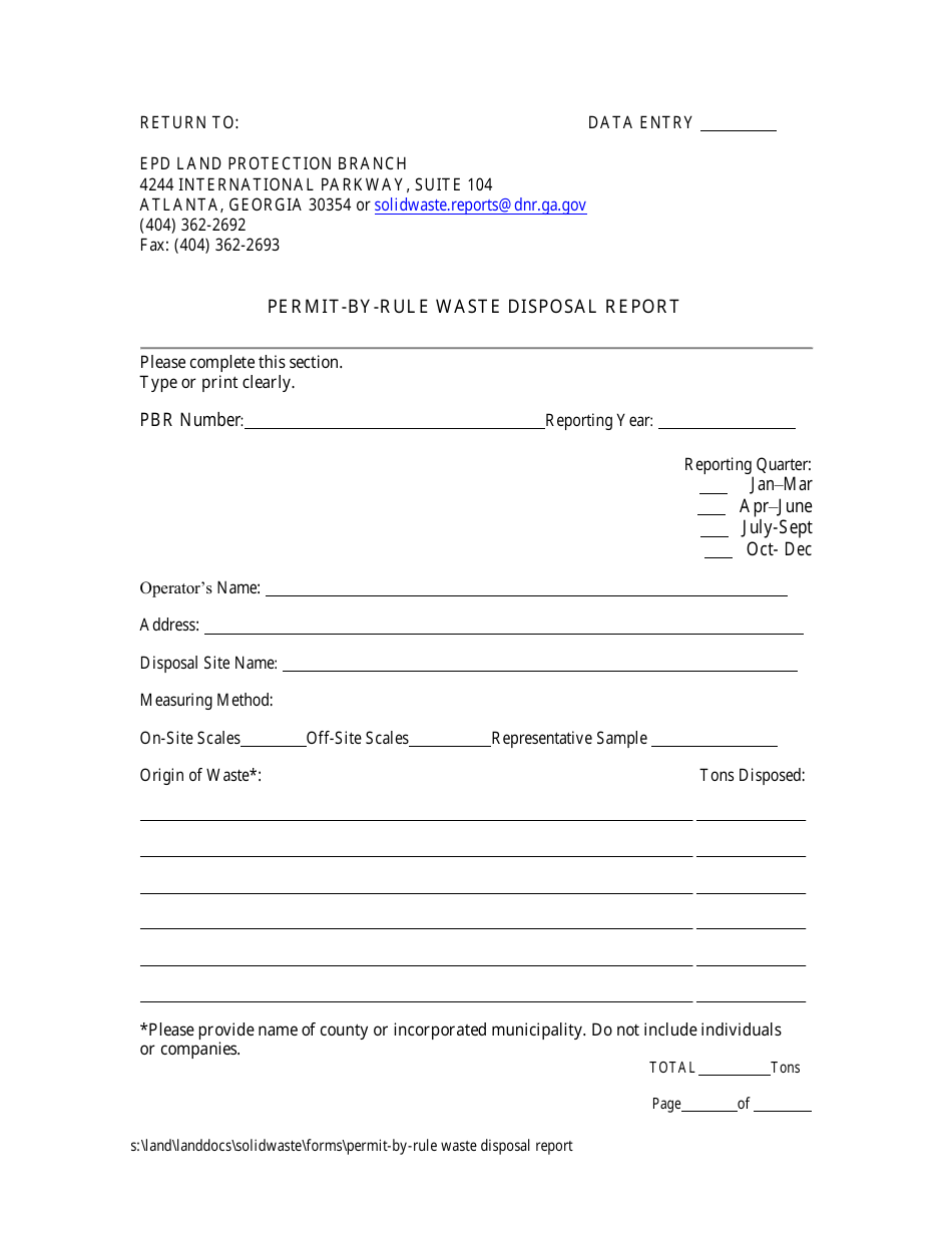 Permit-By-Rule Waste Disposal Report - Georgia (United States), Page 1