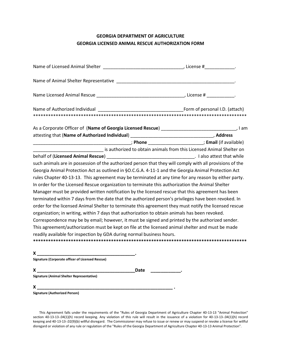 Georgia Licensed Animal Rescue Authorization Form - Georgia (United States), Page 1