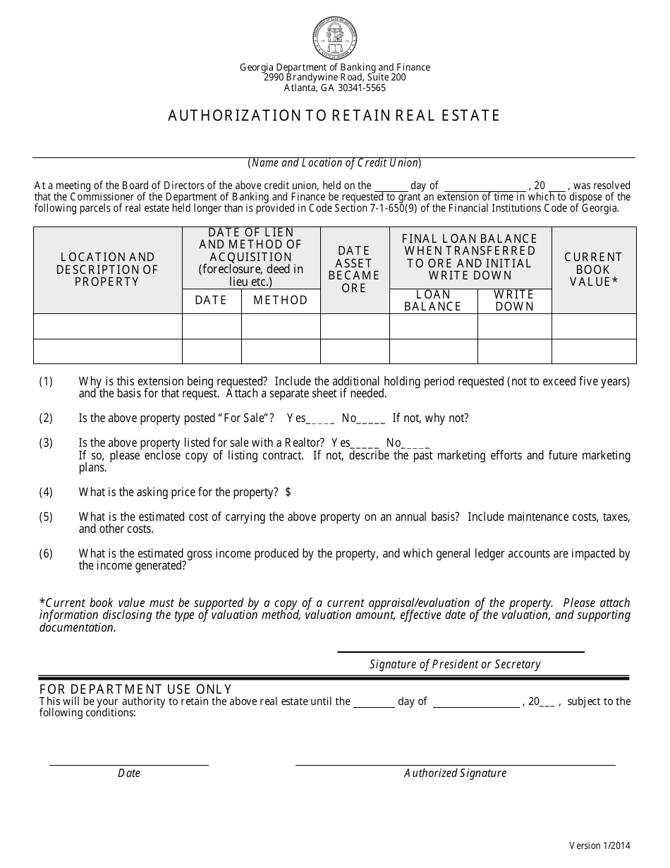 Form 19-24 Authorization to Retain Real Estate - Georgia (United States), Page 1