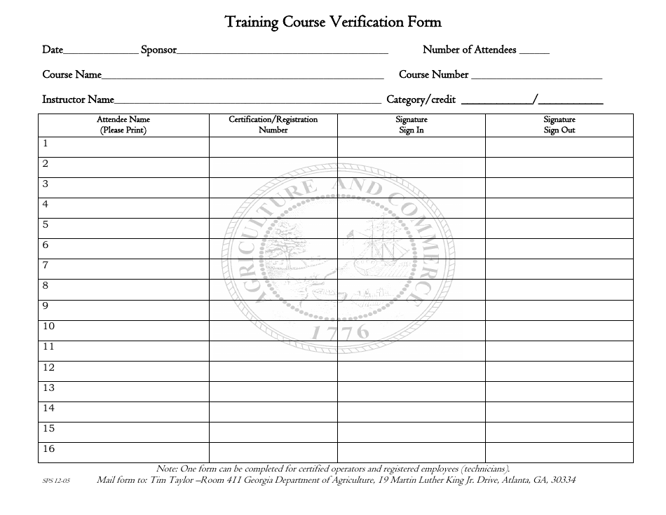 Form SPS12-05 Training Course Verification Form - Georgia (United States), Page 1