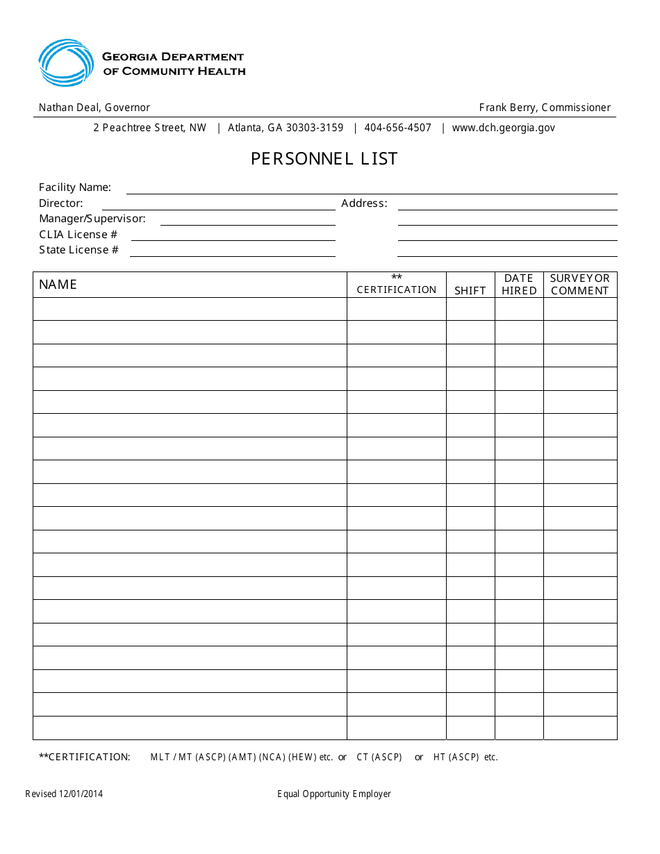 Personnel List Form - Georgia (United States), Page 1