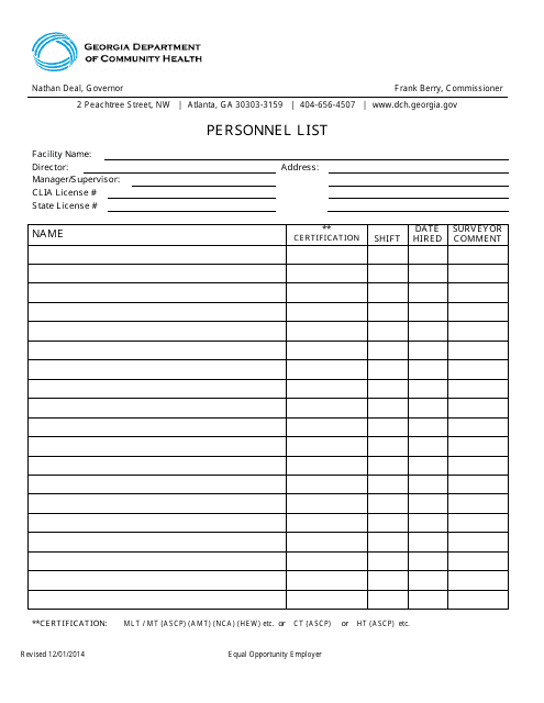 Personnel List Form - Georgia (United States)