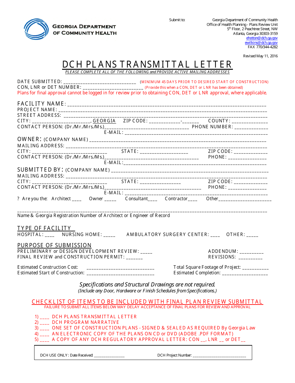 Dch Plans Transmittal Letter - Georgia (United States), Page 1