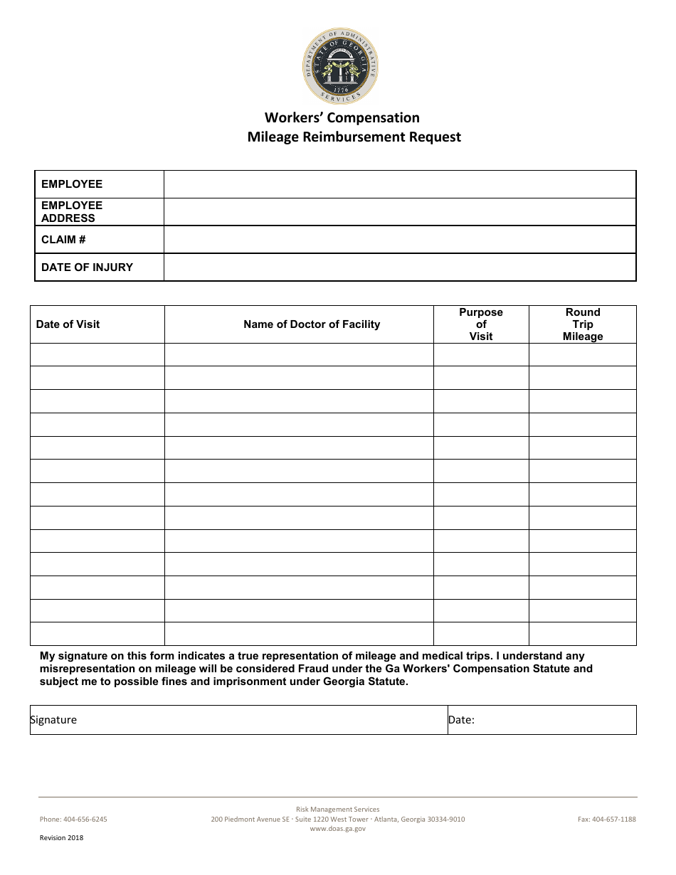 Workers Compensation Mileage Reimbursement Request - Georgia (United States), Page 1