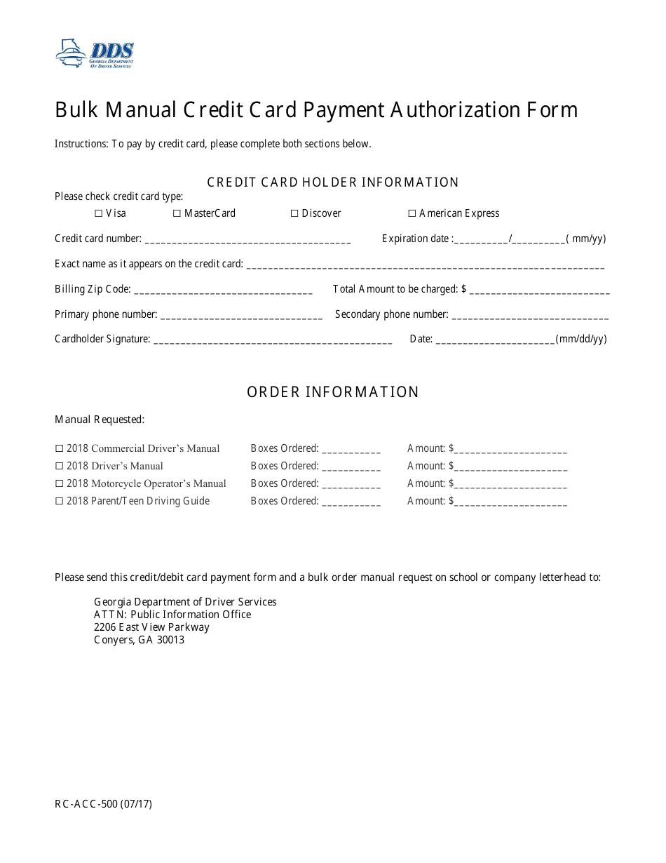 Form RC-ACC-500 Bulk Manual Credit Card Payment Authorization Form - Georgia (United States), Page 1