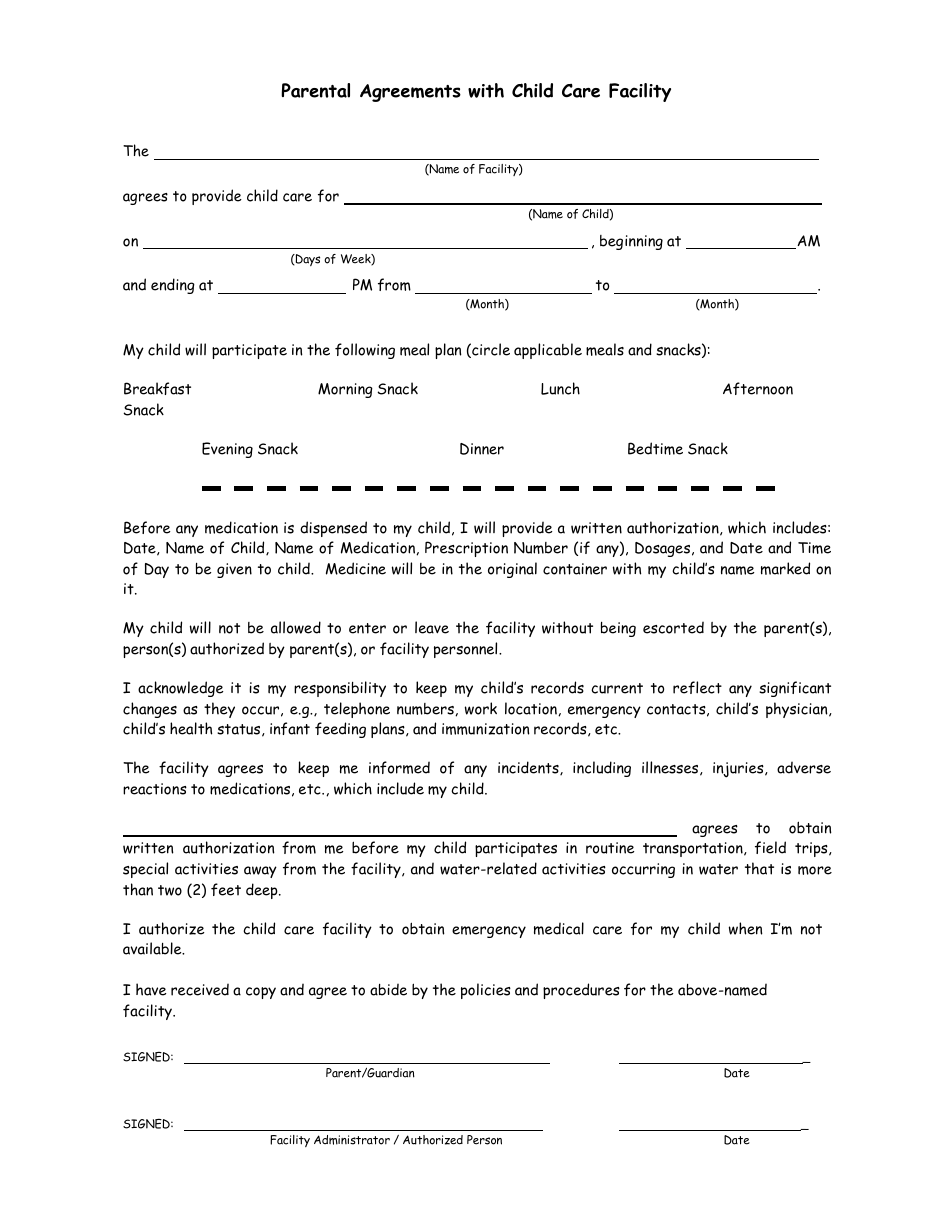 Parental Agreements With Child Care Facility - Georgia (United States), Page 1