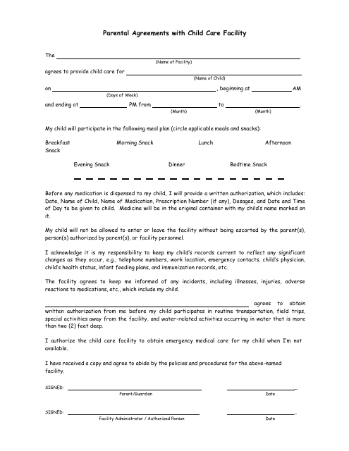 Parental Agreements With Child Care Facility - Georgia (United States) Download Pdf