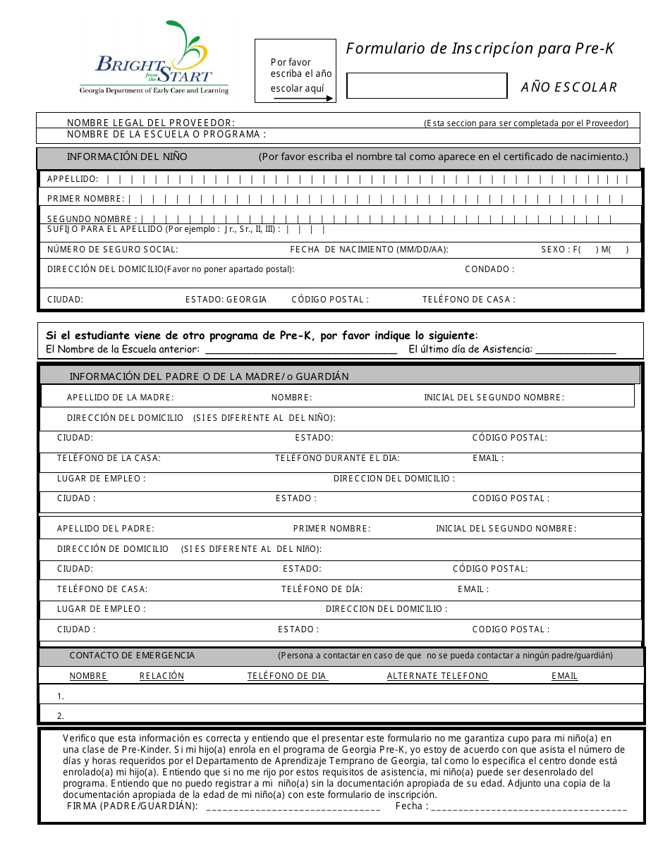 Formulario De Inscripcion Para Pre-k - Georgia (United States) (Spanish), Page 1