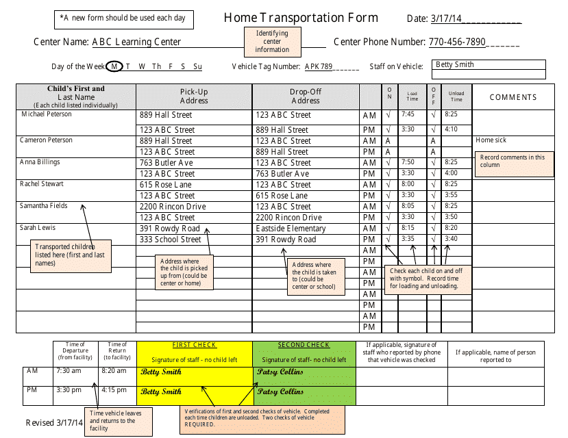 Sample Home Transportation Form - Child Care Center - Georgia (United States) Download Pdf