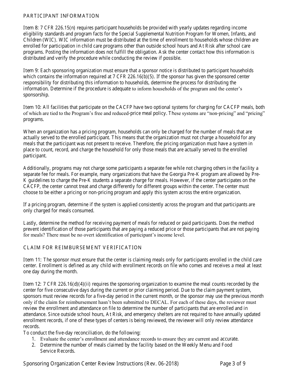Instructions for Center Review Form for Child Care Centers - Sponsoring Organizations Only - Georgia (United States), Page 3