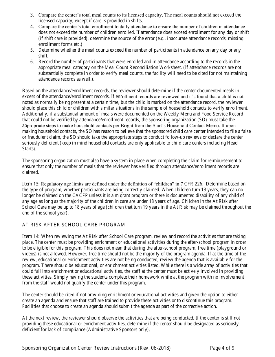 Instructions for Center Review Form for Child Care Centers - Sponsoring Organizations Only - Georgia (United States), Page 4