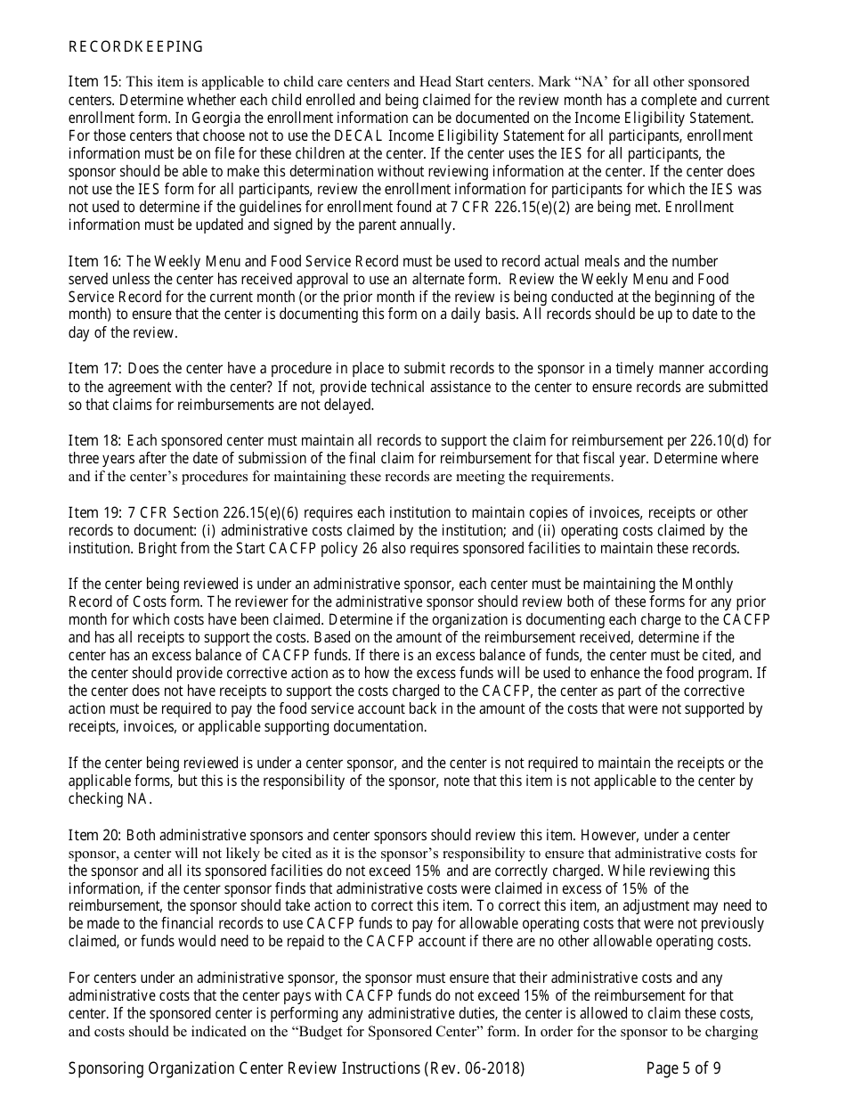 Instructions for Center Review Form for Child Care Centers - Sponsoring Organizations Only - Georgia (United States), Page 5