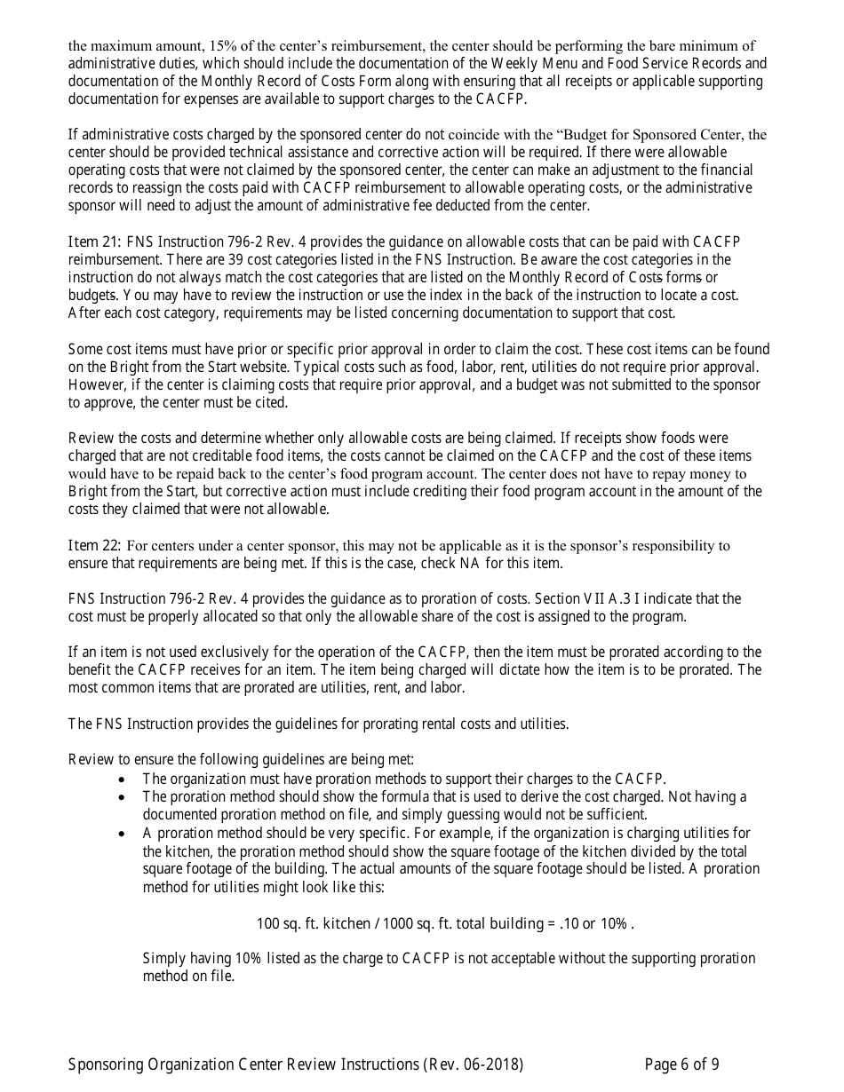 Instructions for Center Review Form for Child Care Centers - Sponsoring Organizations Only - Georgia (United States), Page 6