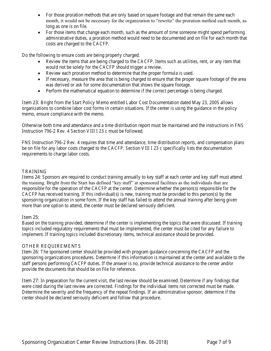 Instructions for Center Review Form for Child Care Centers - Sponsoring Organizations Only - Georgia (United States), Page 7