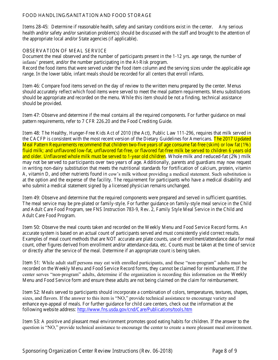 Instructions for Center Review Form for Child Care Centers - Sponsoring Organizations Only - Georgia (United States), Page 8