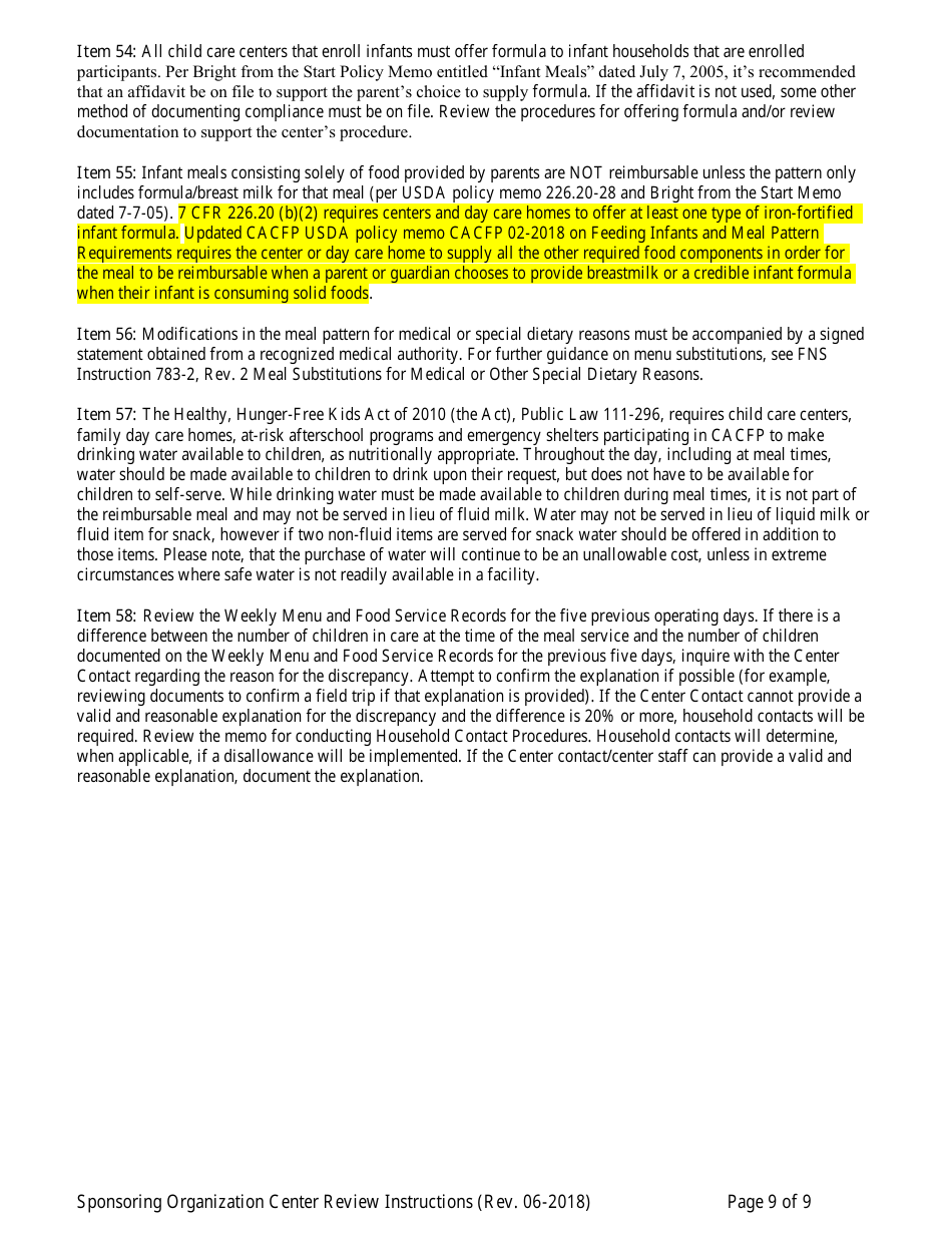 Instructions for Center Review Form for Child Care Centers - Sponsoring Organizations Only - Georgia (United States), Page 9